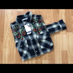 ZARA Embellished Long Sleeve Plaid Long Top Sz S